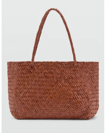 Geanta shopper de piele cu aspect impletit, Caramel