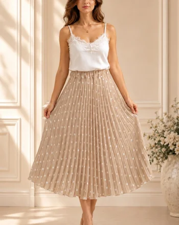 Fusta eleganta plisata IRISSA, cu buline si croi midi, BEJ, Marime S/M