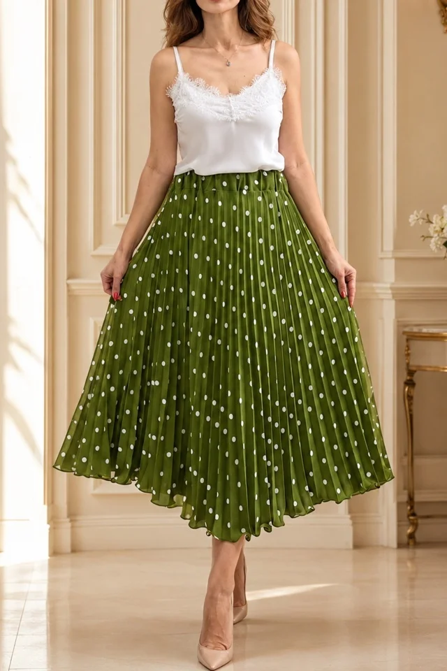 Fusta eleganta plisata IRISSA, cu buline si croi midi, Verde, Marime S/M