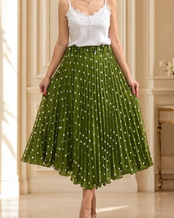 Fusta eleganta plisata IRISSA, cu buline si croi midi, Verde, Marime S/M
