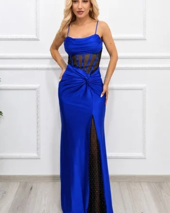 Rochie lunga SAFYRA, talie marcata, tull si cristale artizanale, Albastru ROYAL, Marime S/M