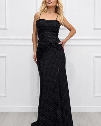 Rochie lunga de evenimente MIRUNEEA, cu crapatura pe picior si cristale, NEGRU, Marime S/M