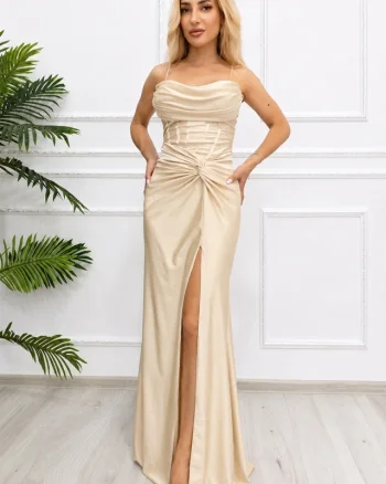 Rochie lunga de ocazie MIRUNEEA, cu crapatura pe picior si cristale, Crem, Marime S/M
