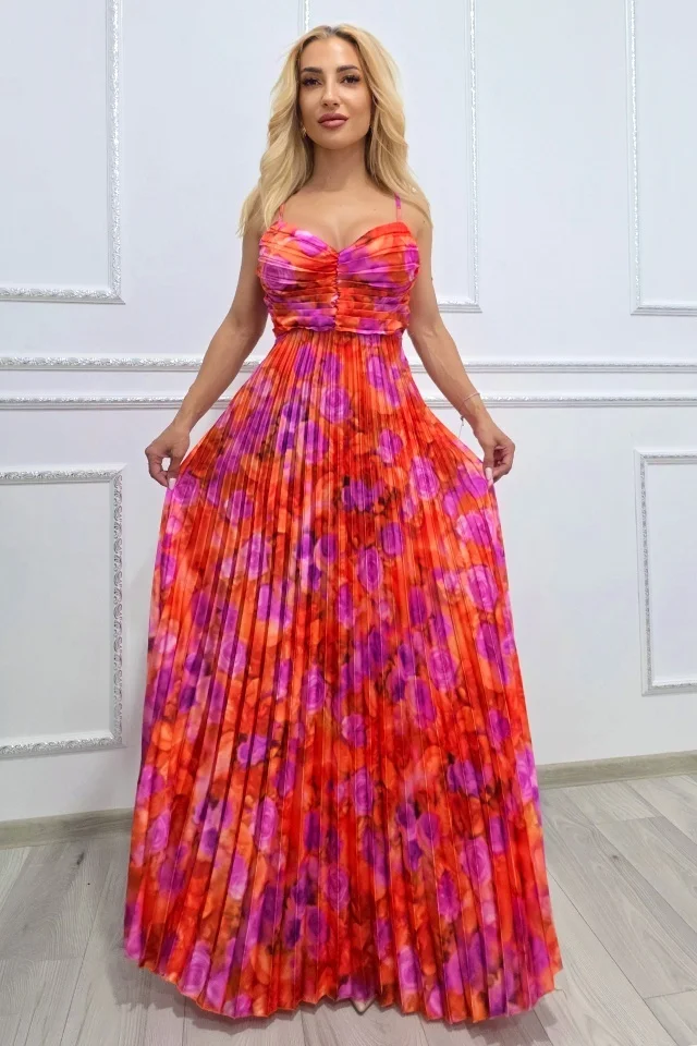 Rochie lunga plisata NYSA, cupe buretate si legare spate, Orange Hortensia, Marime S/M