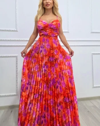Rochie lunga plisata NYSA, cupe buretate si legare spate, Orange Hortensia, Marime S/M