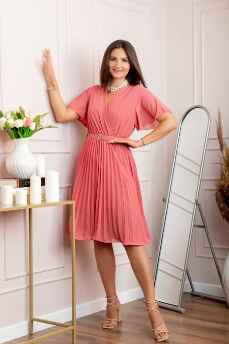 Rochie eleganta plisata din voal Cassie cu decolteu in V - Corai