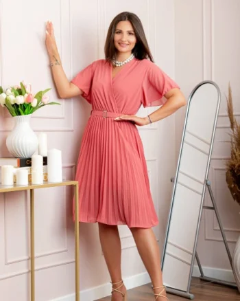 Rochie eleganta plisata din voal Cassie cu decolteu in V - Corai