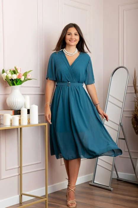 Rochie eleganta din voal Desiree cu decolteu in V si curea - Turcoaz