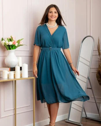 Rochie eleganta din voal Desiree cu decolteu in V si curea - Turcoaz