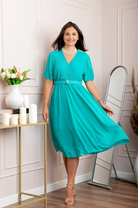Rochie eleganta din voal Desiree cu decolteu in V si curea - Turcoaz aqua