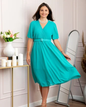 Rochie eleganta din voal Desiree cu decolteu in V si curea - Turcoaz aqua