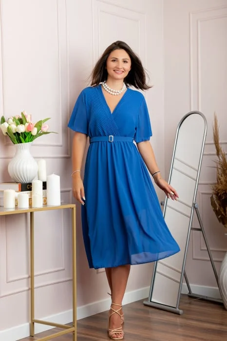 Rochie eleganta din voal Desiree cu decolteu in V si curea - Albastru regal