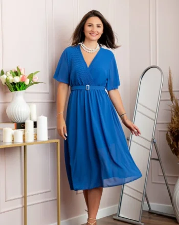 Rochie eleganta din voal Desiree cu decolteu in V si curea - Albastru regal