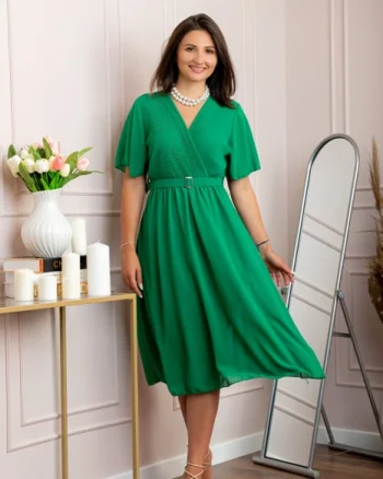 Rochie eleganta din voal Desiree cu decolteu in V si curea - Verde smarald