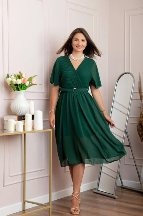 Rochie eleganta din voal Desiree cu decolteu in V si curea - Verde