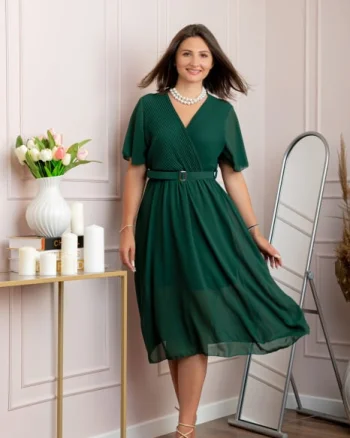 Rochie eleganta din voal Desiree cu decolteu in V si curea - Verde