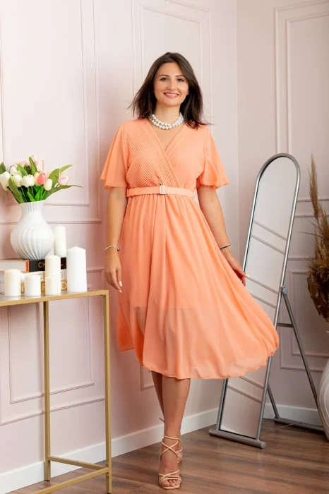 Rochie eleganta din voal Desiree cu decolteu in V si curea - Piersica