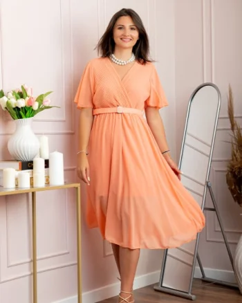 Rochie eleganta din voal Desiree cu decolteu in V si curea - Piersica