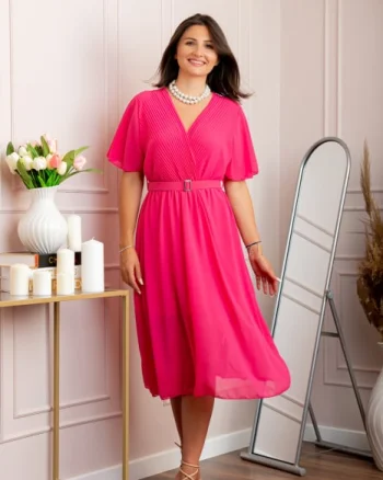Rochie eleganta din voal Desiree cu decolteu in V si curea - Ciclam