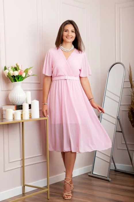 Rochie eleganta din voal Desiree cu decolteu in V si curea - Roz pastel