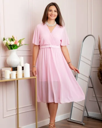 Rochie eleganta din voal Desiree cu decolteu in V si curea - Roz pastel