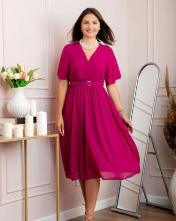 Rochie eleganta din voal Desiree cu decolteu in V si curea - Fuchsia