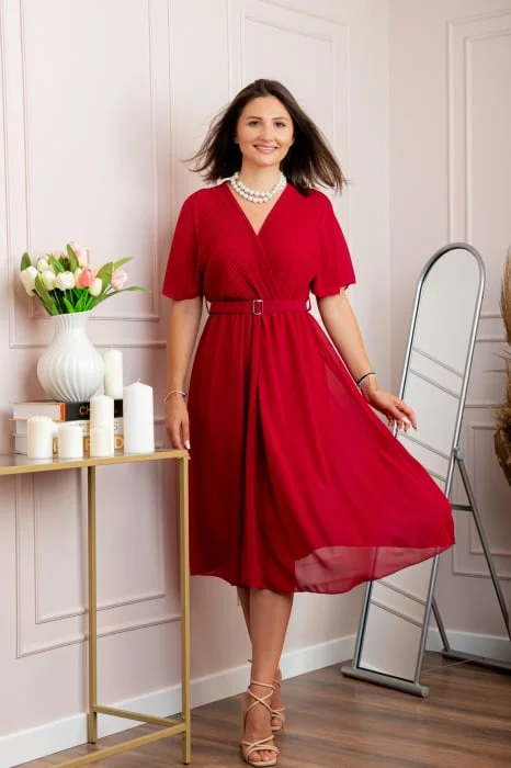 Rochie eleganta din voal Desiree cu decolteu in V si curea - Grena