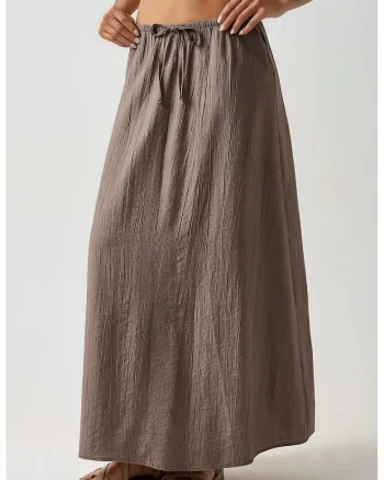 Fusta maxi,  talie inalta, gri, material textil