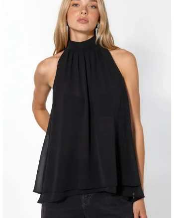 Bluza dama,  fara maneci, guler halter, negru, poliester
