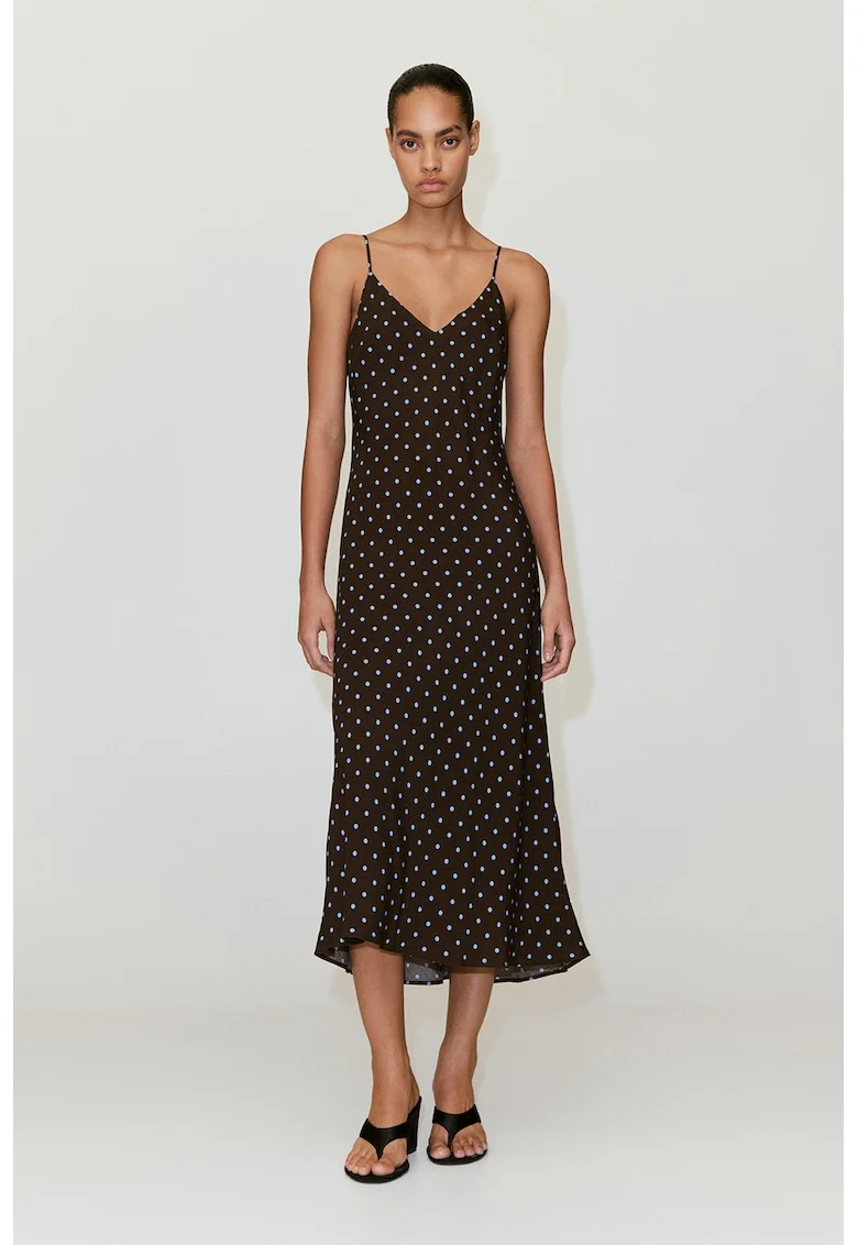 Rochie cu model si decolteu in V, Albastru pastel/Maro inchis