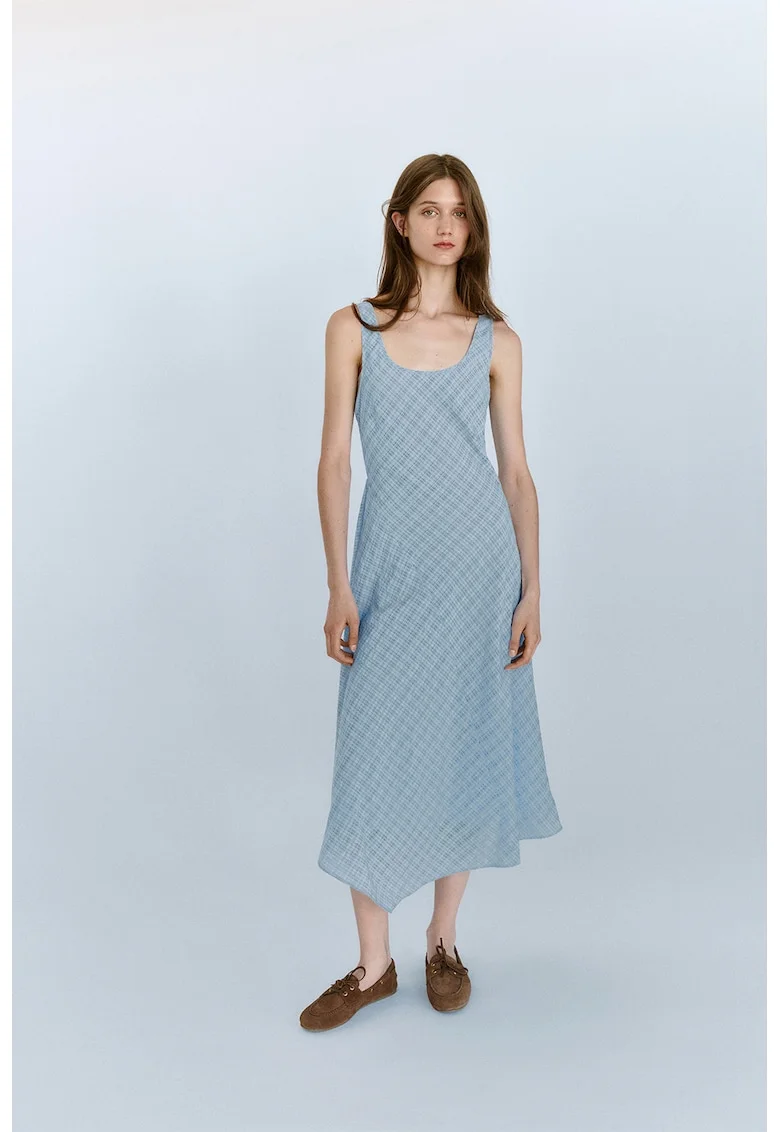 Rochie in carouri cu terminatie asimetrica, Albastru pastel