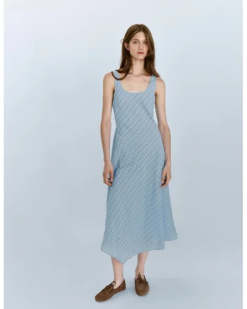 Rochie in carouri cu terminatie asimetrica, Albastru pastel