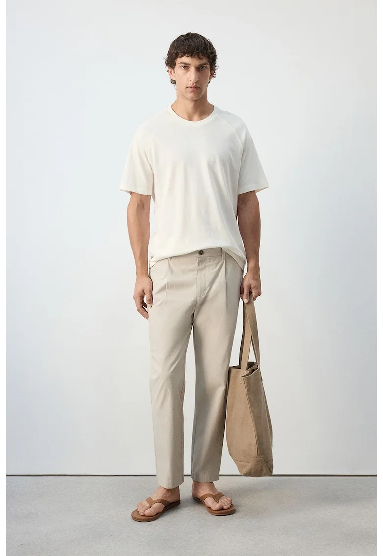 Pantaloni chino din amestec de bumbac si in, Bej deschis