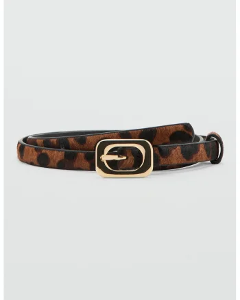 Curea de piele cu par scurt si animal print, Negru/Maro pamantiu