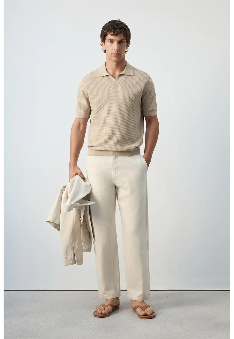 Tricou polo din bumbac cu model texturat, Bej inchis