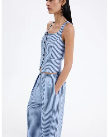 Pantaloni din amestec de in cu dungi, Albastru pastel