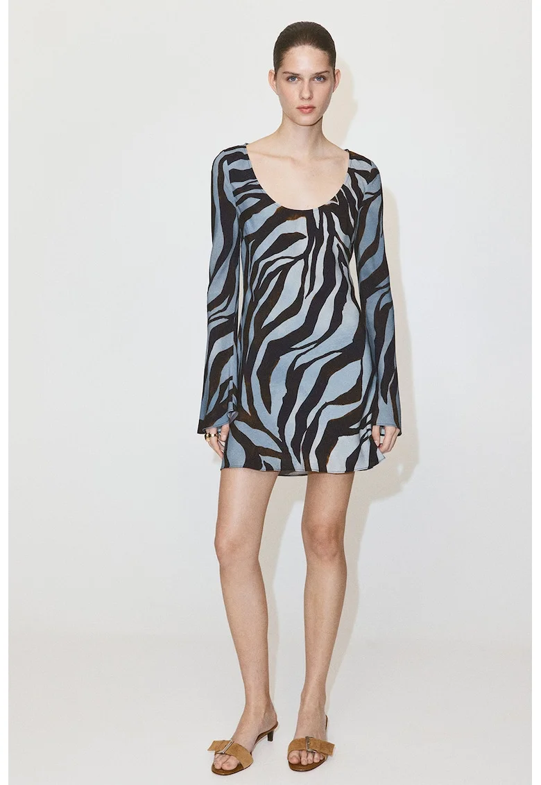 Rochie mini cu animal print, Alb/Albastru pastel/Negru