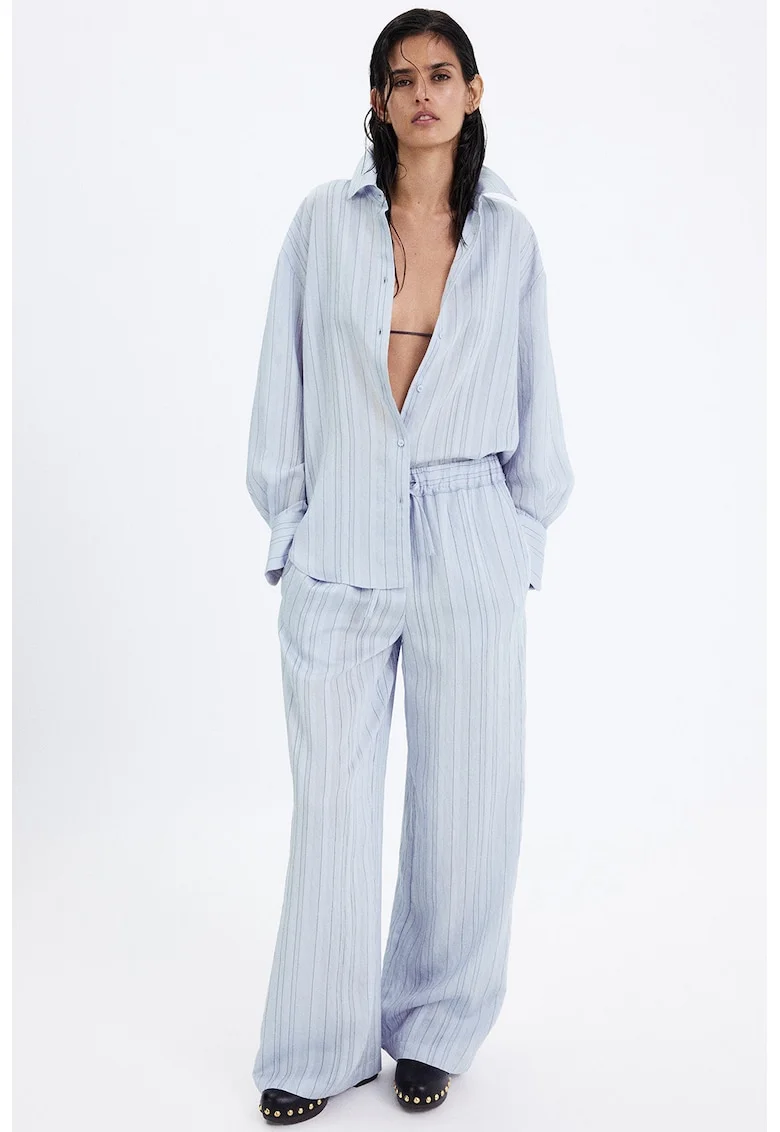 Pantaloni cu dungi, croiala ampla si buzunare laterale, Albastru pastel
