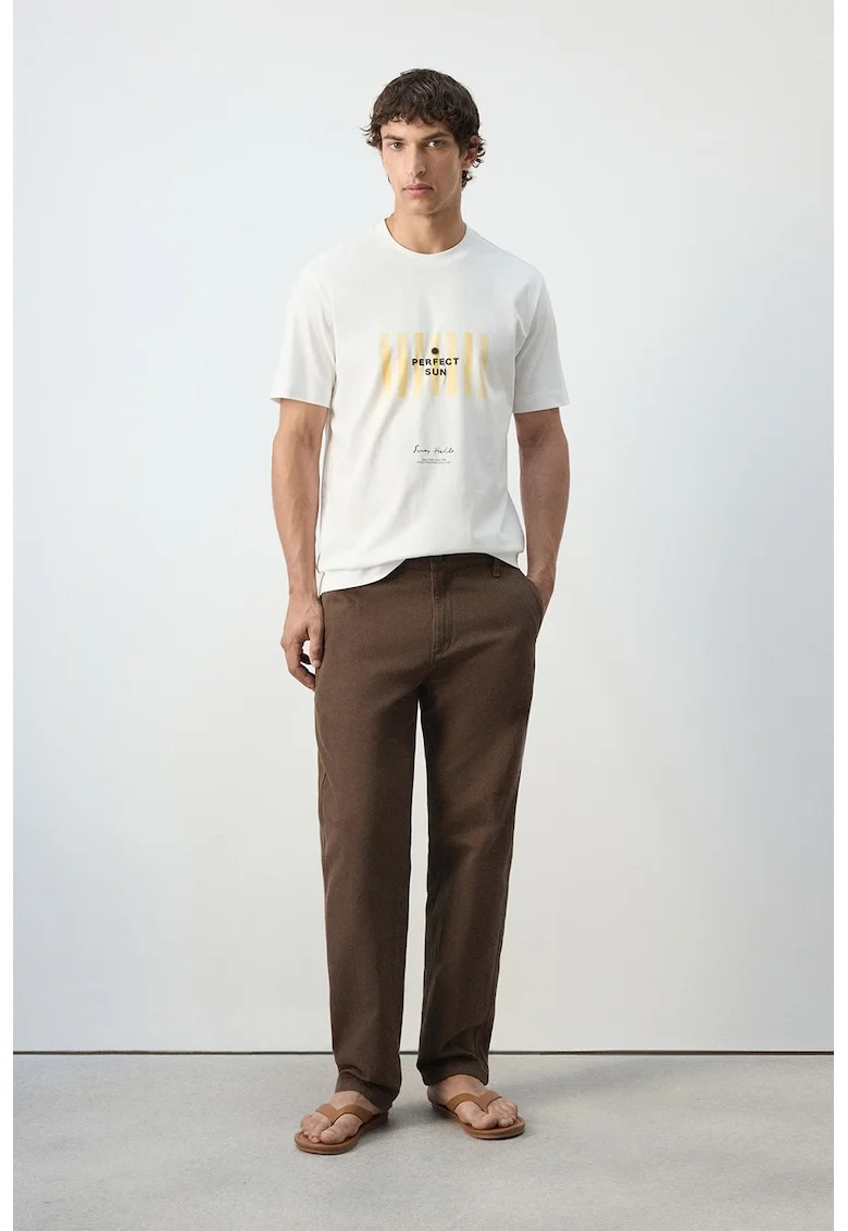 Tricou de bumbac cu imprimeu text, Alb murdar