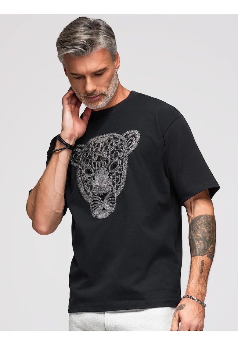 Tricou barbati loose fit cu motiv pantera si decolteu rotund OM-TSCT-0278, Negru