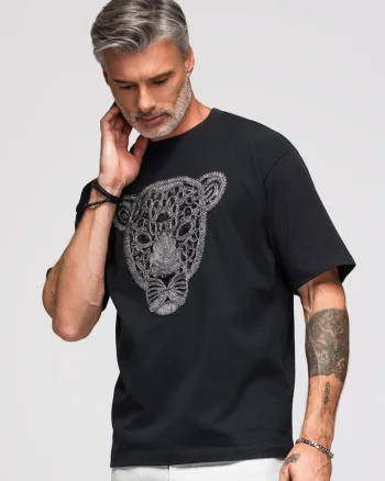 Tricou barbati loose fit cu motiv pantera si decolteu rotund OM-TSCT-0278, Negru