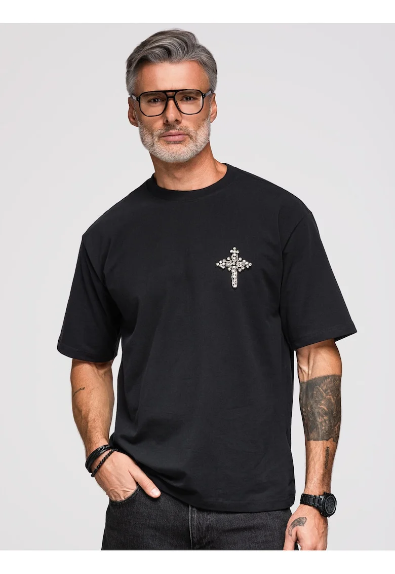 Tricou barbati loose fit cu aplicatie decorativa in forma de cruce, decolteu rotund OM-TSCT-0276, Negru