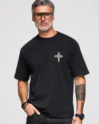 Tricou barbati loose fit cu aplicatie decorativa in forma de cruce, decolteu rotund OM-TSCT-0276, Negru