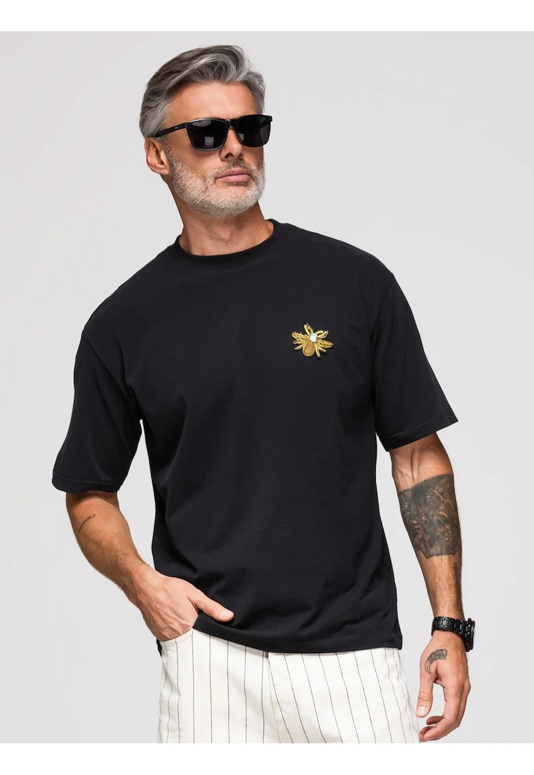 Tricou barbati loose fit cu aplicatie decorativa si decolteu rotund, din jerseu OM-TSCT-0275, Negru