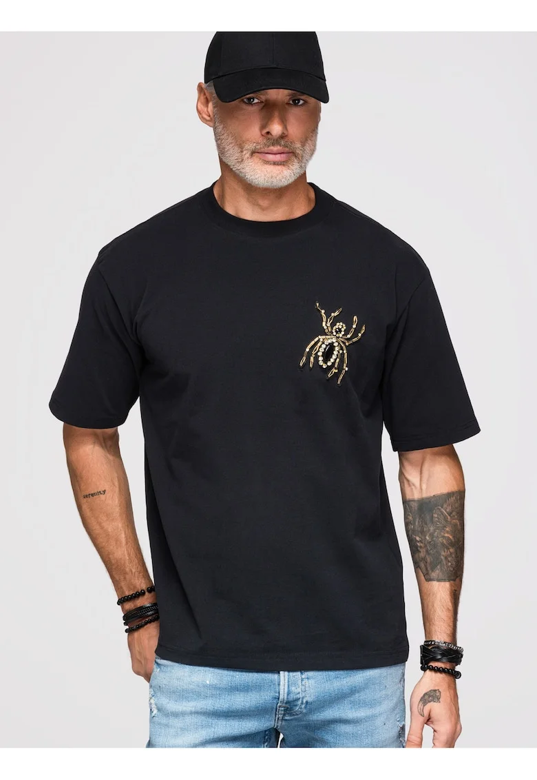 Tricou barbati loose fit cu aplicatie decorativa paianjen si decolteu rotund OM-TSCT-0277, Negru