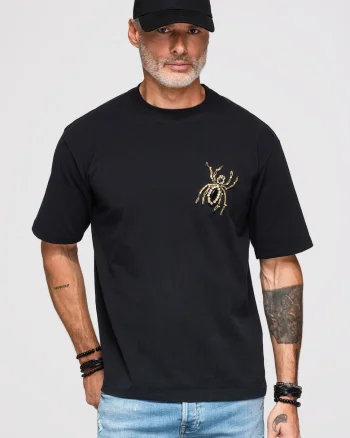 Tricou barbati loose fit cu aplicatie decorativa paianjen si decolteu rotund OM-TSCT-0277, Negru