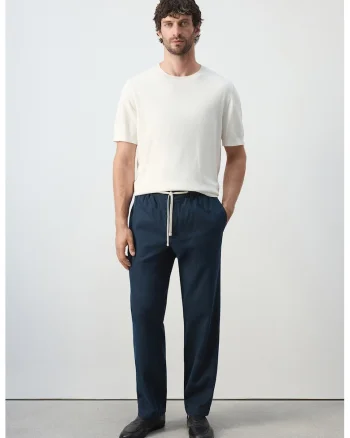 Pantaloni din amestec de in cu cordon, Bleumarin