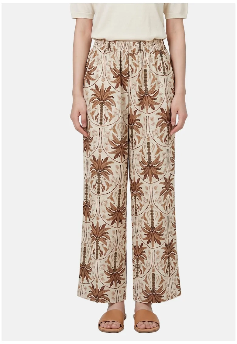 Pantaloni cu croiala ampla si model tropical, Maro taupe
