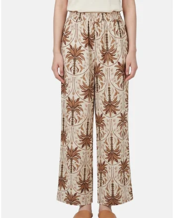 Pantaloni cu croiala ampla si model tropical, Maro taupe