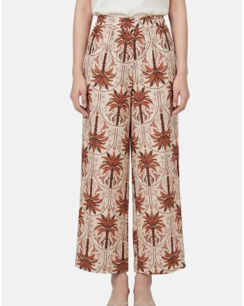 Pantaloni cu croiala ampla si model tropical, Rosu
